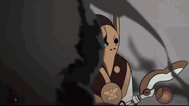 a cartoon character is holding a sword and a shield in a dark room .