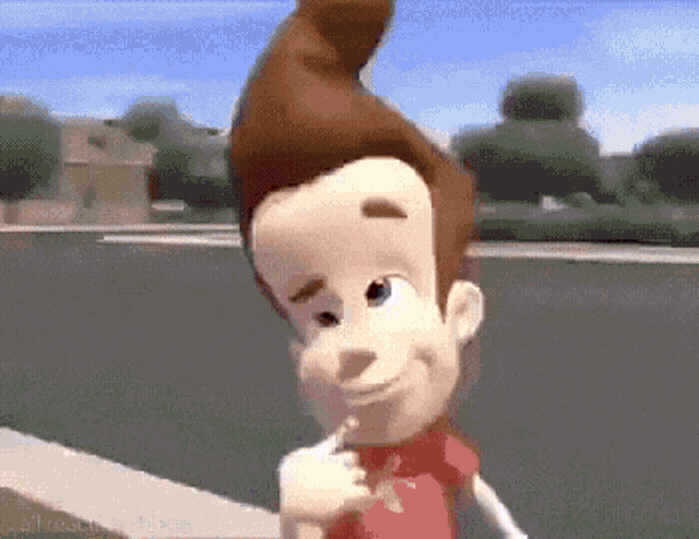 a cartoon character named jimmy neutron is standing on a sidewalk and smiling