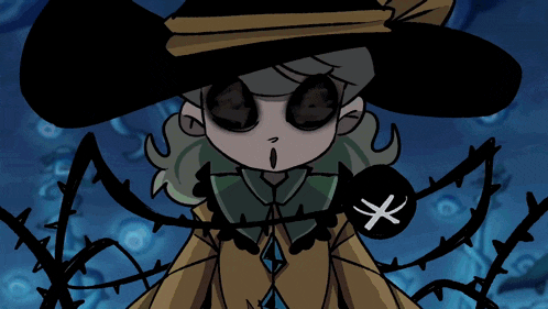 a cartoon drawing of a woman wearing a black hat with a yellow ribbon