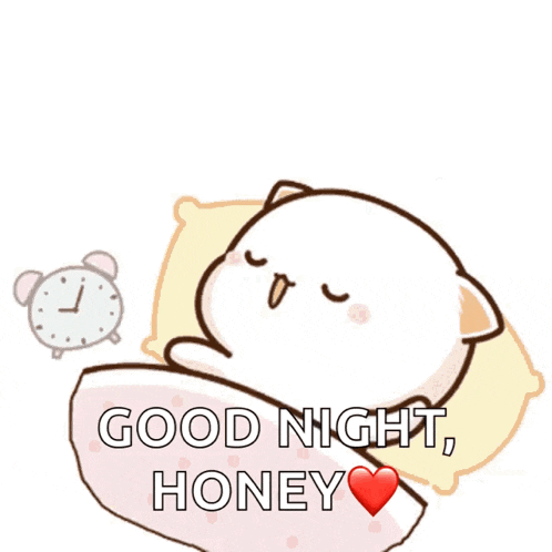 a cat is sleeping on a pillow with an alarm clock behind it and the words good night honey