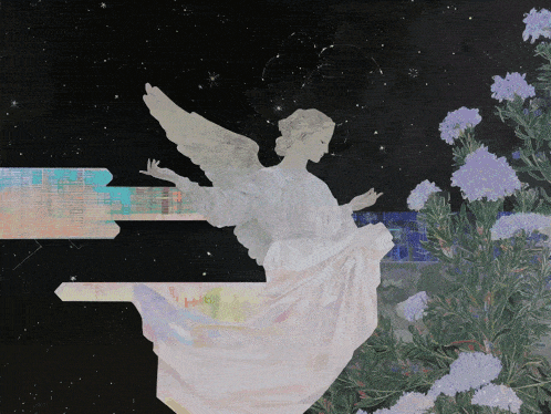 a painting of a woman with wings and flowers