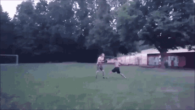 two men are playing soccer in a park with trees in the background .