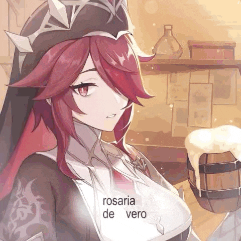 rosaria de vero from genshin impact is holding a mug of beer .