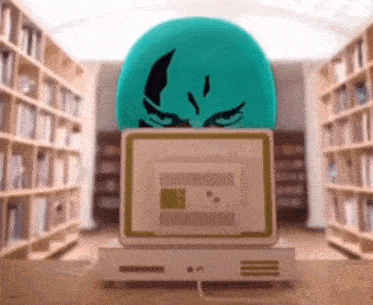 a cartoon character is sitting at a desk in a library