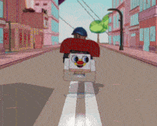 a cartoon character is driving down a street with a red hat on