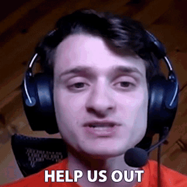 a man wearing headphones and a microphone is asking for help
