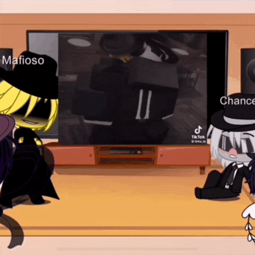 a couple of cartoon characters are sitting in front of a television with the words mafioso and chance written on the screen