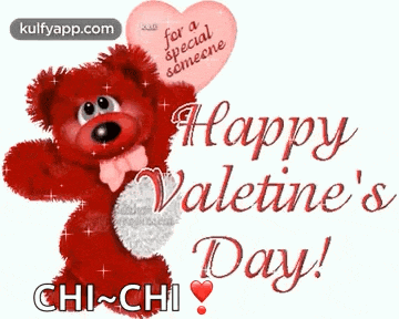 a red teddy bear is holding a heart shaped balloon and says happy valentine 's day