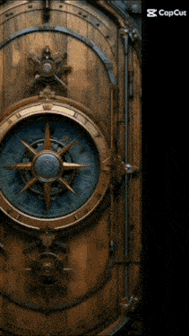 a picture of a wooden door with a compass on it