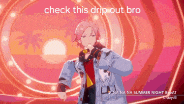 a man with pink hair is dancing in front of a red background with the words check this drip out bro written on it
