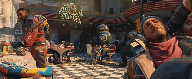 a man is laying on the floor in front of a sign that says dolla slice
