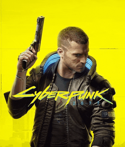 a man is holding a gun in front of a yellow background that says cyberpunk