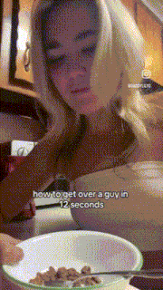 a woman is sitting at a table with a bowl of cereal and the words how to get over a guy in 12 seconds