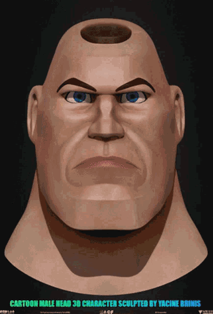 a cartoon male head 3d character sculpted by yacine brinis is shown