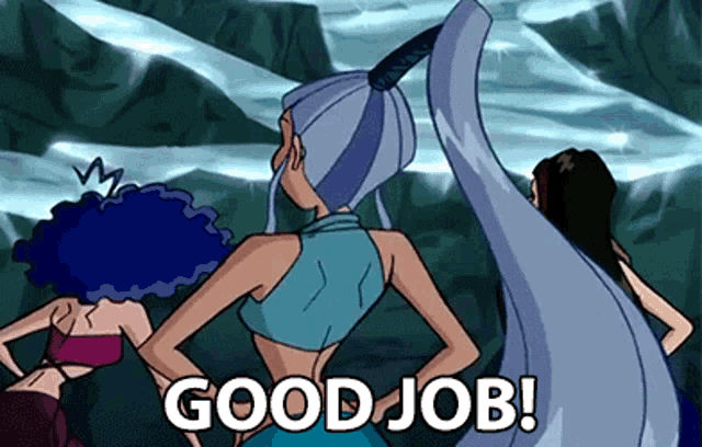 a cartoon of three women standing next to each other with the words good job written on the bottom