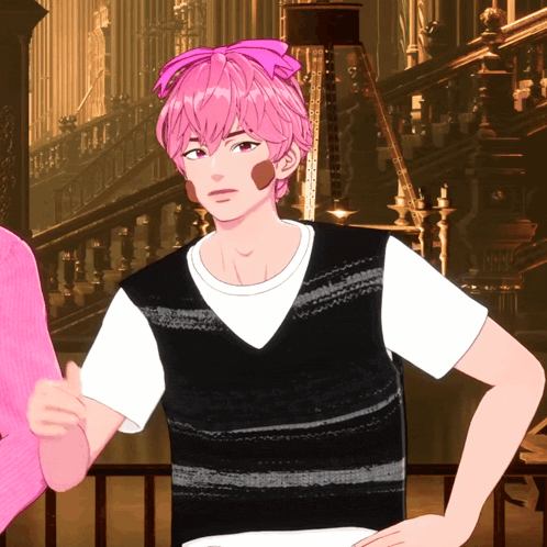 a boy with pink hair is wearing a black vest and white shirt