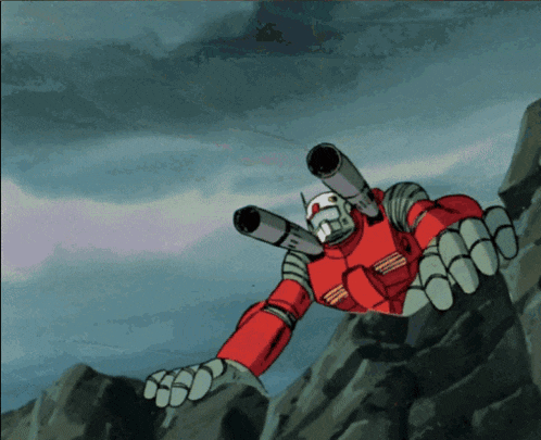 a red robot with two cannons on its back is flying over a rocky cliff