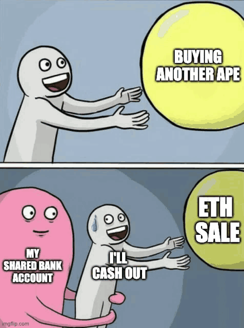 a cartoon of a person reaching for a balloon that says buying another ape
