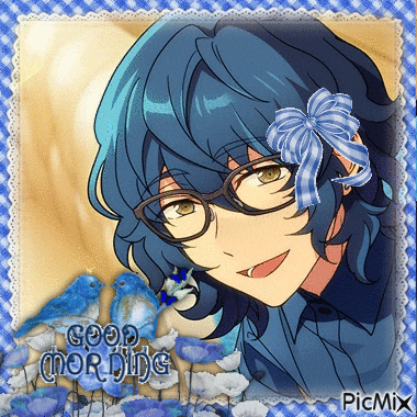 a picture of a boy with blue hair and glasses with the words good morning