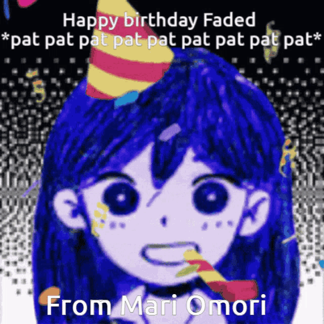 a picture of a girl wearing a party hat with the words happy birthday faded from mari omori