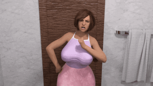 a woman in a pink dress is standing in front of a door