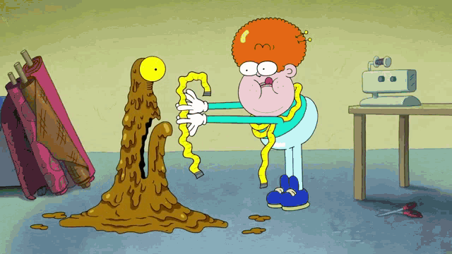 a cartoon drawing of a man standing next to a giant monster