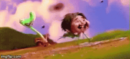 a cartoon character is flying through the air while holding a green plant in his hand .