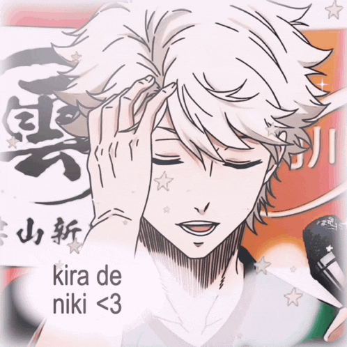a black and white drawing of a person with the words kira de niki < 3 below it