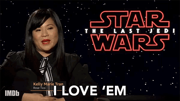 kelly marie tran says i love 'em in front of a star wars poster