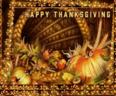 a picture of a cornucopia with the words happy thanksgiving written on it