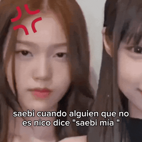 a girl with a red angry face and the words saebi cuando alguien que no es nico dice " saebi mia " on the bottom