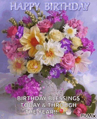 a birthday card with a vase of flowers and the words happy birthday birthday blessings today and through the year .