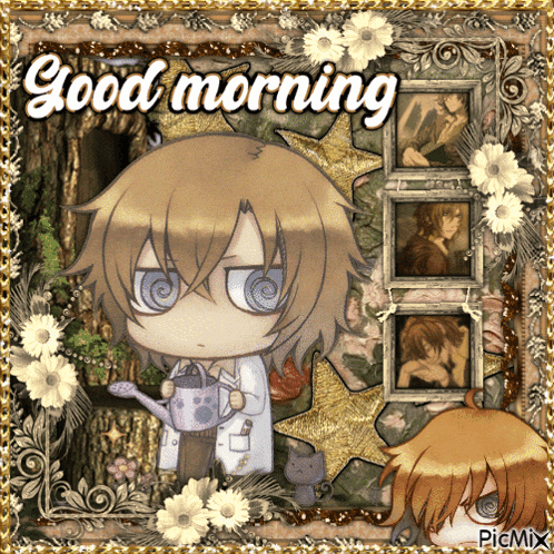 a picture of a boy with a watering can and the words good morning on it
