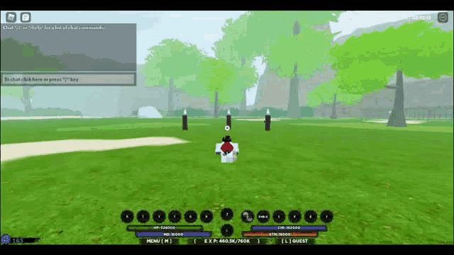 a screenshot of a video game with a person standing in the middle of a grassy field .