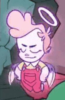 a cartoon character with a halo on his head is wearing overalls and a hat .