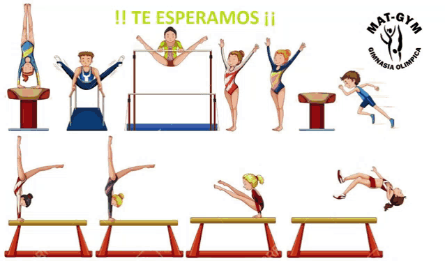 an advertisement for mat-gym gymnastics with a bunch of gymnasts