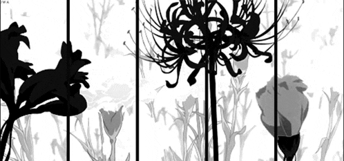 a black and white silhouette of flowers on a white background