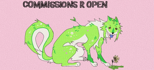 a drawing of a green and white dog on a pink background with the words " commissions r open " at the top
