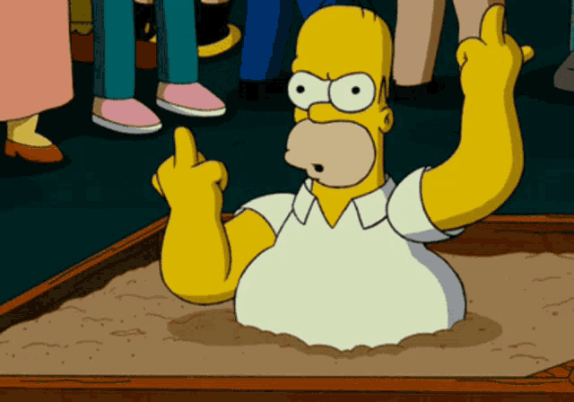 homer simpson giving the middle finger while laying in the sand