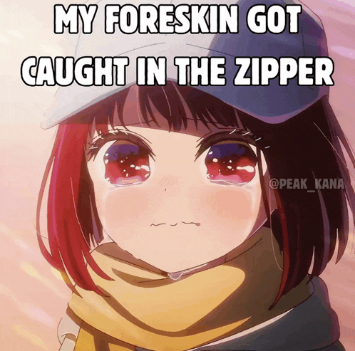 a girl with red hair is crying with a meme that says my foreskin got caught in the zipper