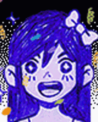 a drawing of a girl with blue hair and a bow on her head .