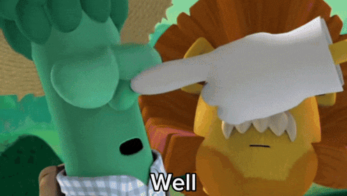 a cartoon character is pointing at another cartoon character with the word well above it