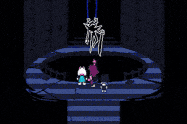 a pixel art drawing of a person standing in front of a blue swirl