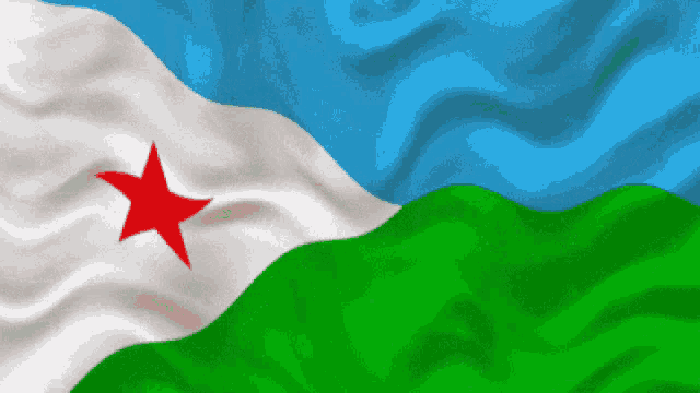 a blue white and green flag with a red star on top