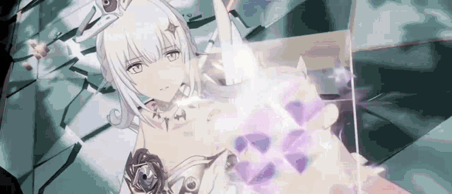 a white haired anime girl is standing in front of a purple flower in a video game .