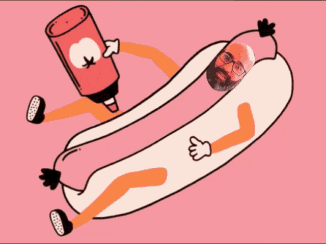 a cartoon drawing of a hot dog with ketchup being poured into it