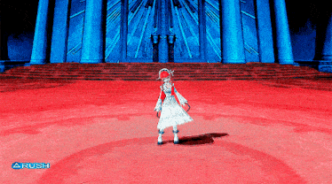 a girl in a red and white dress is standing in front of a blue building with the word arush on the bottom