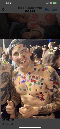 karlhavoc36 posts a picture of a shirtless man with confetti on his face