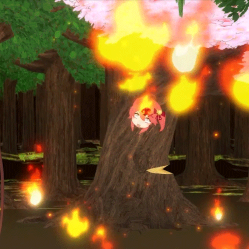 a cartoon drawing of a tree with flames surrounding it