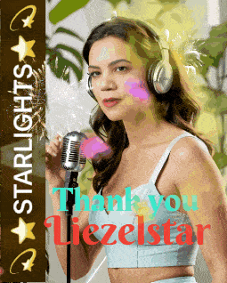 a woman wearing headphones singing into a microphone with the words thank you lieselstar written on the bottom